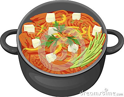 Food illustration, kimchi with vegetables, cucumber, sweet peppers, tofu slices and greens Cartoon Illustration